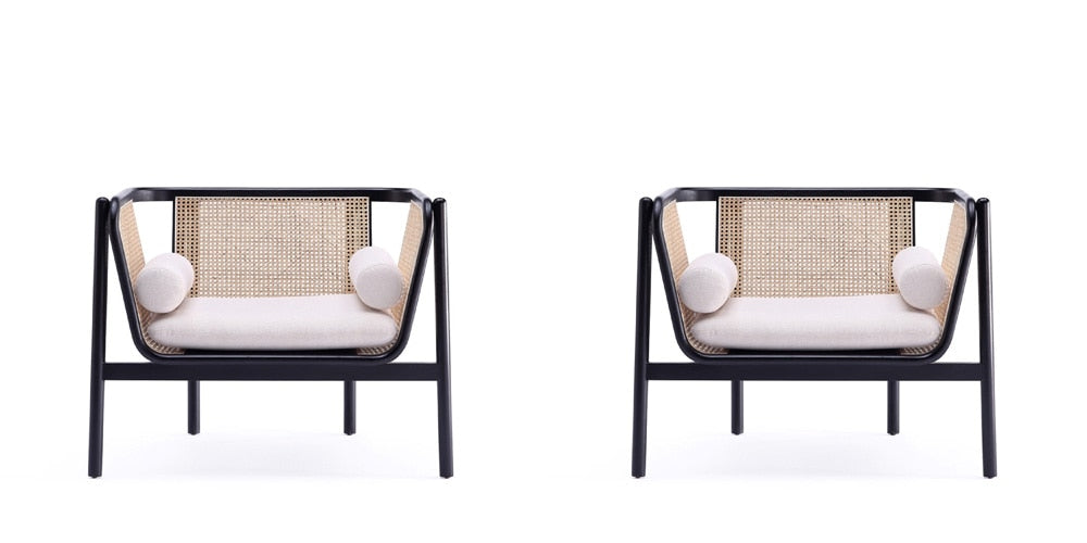 Manhattan Comfort - Versailles Woven Polycotton Accent Chair with American Ash Wood Legs in Black, Natural Cane and Cream - Set of 2 - 2-ACCA01-CR veiw 1