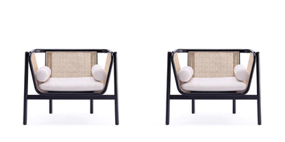 Manhattan Comfort - Versailles Woven Polycotton Accent Chair with American Ash Wood Legs in Black, Natural Cane and Cream - Set of 2 - 2-ACCA01-CR veiw 1