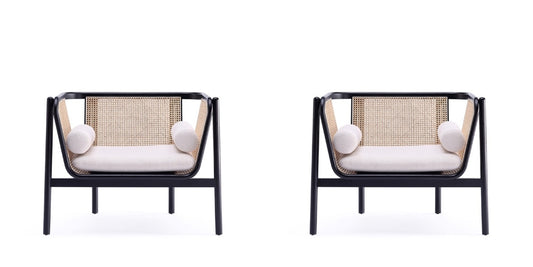 Manhattan Comfort - Versailles Woven Polycotton Accent Chair with American Ash Wood Legs in Black, Natural Cane and Cream - Set of 2 - 2-ACCA01-CR veiw 1