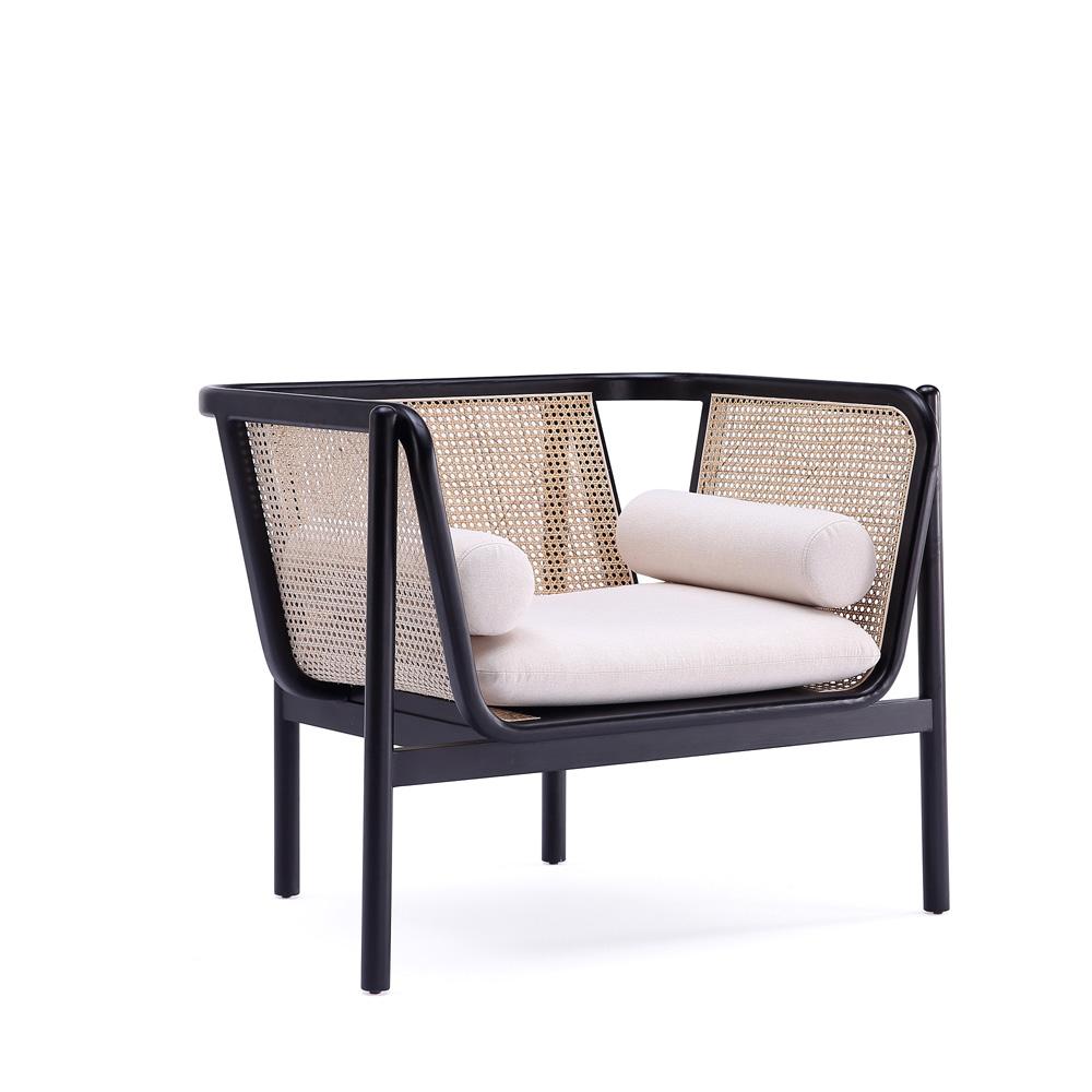 Manhattan Comfort - Versailles Woven Polycotton Accent Chair with American Ash Wood Legs in Black, Natural Cane and Cream - ACCA01-CR veiw 2