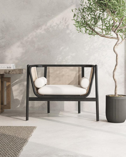 Manhattan Comfort - Versailles Woven Polycotton Accent Chair with American Ash Wood Legs in Black, Natural Cane and Cream - ACCA01-CR veiw 9