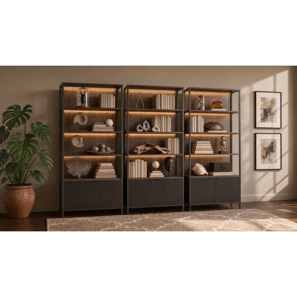 Martin Furniture - Marsden - Modern Open Bookcase Wall with Lowers Doors and Lights, Bookcase Shelves, Office Storage Unit, Fully Assembled, Black - IMMA3686DKIT3 view 1
