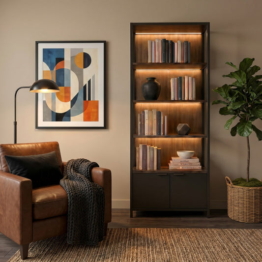 Martin Furniture - Marsden - Modern Open Bookcase with Lowers Doors and Lights, Bookcase Shelves, Office Storage Unit, Fully Assembled, Black - IMMA3686D view 1