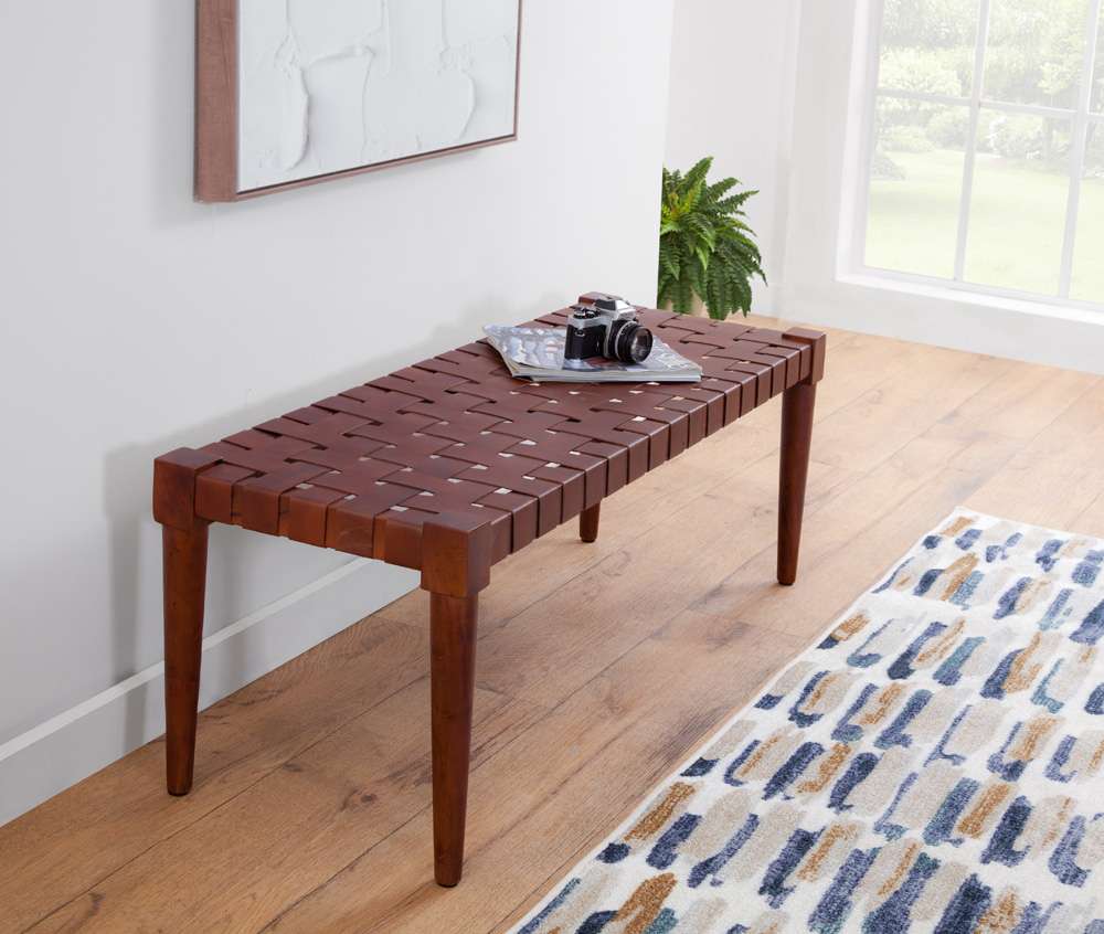 Martin Svensson Home - Harness Cognac Brown Woven Genuine Leather and Wood Accent Bench - 3711035 veiw 3