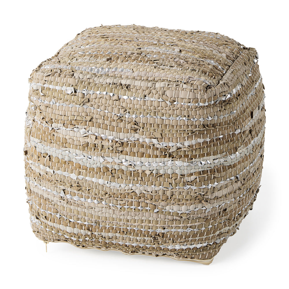 Mercana - Aadhya 16.0L x 16.0W x 16.0H Taupe/Silver Leather and Cotton Pouf - 69501 view 1