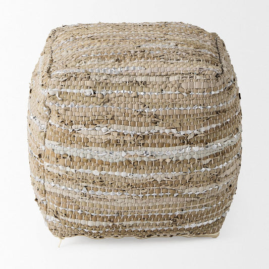 Mercana - Aadhya 16.0L x 16.0W x 16.0H Taupe/Silver Leather and Cotton Pouf - 69501 view 2