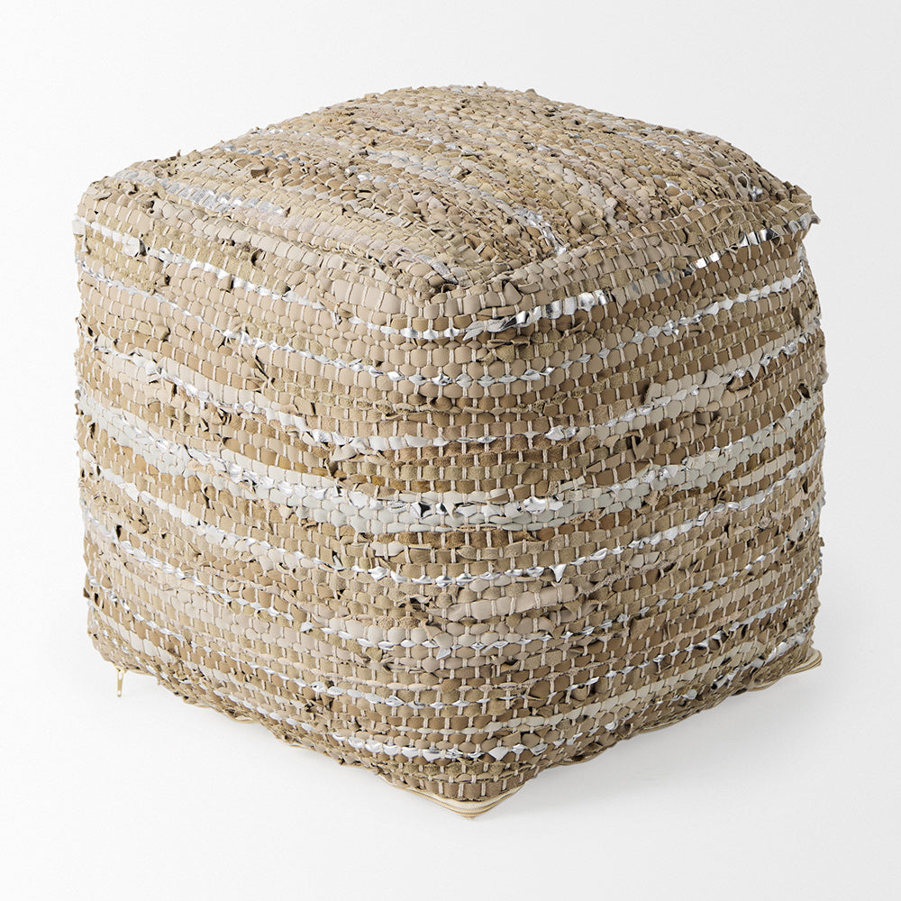 Mercana - Aadhya 16.0L x 16.0W x 16.0H Taupe/Silver Leather and Cotton Pouf - 69501 view 3