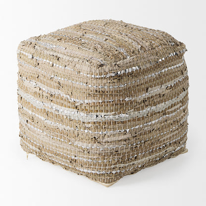 Mercana - Aadhya 16.0L x 16.0W x 16.0H Taupe/Silver Leather and Cotton Pouf - 69501 view 3