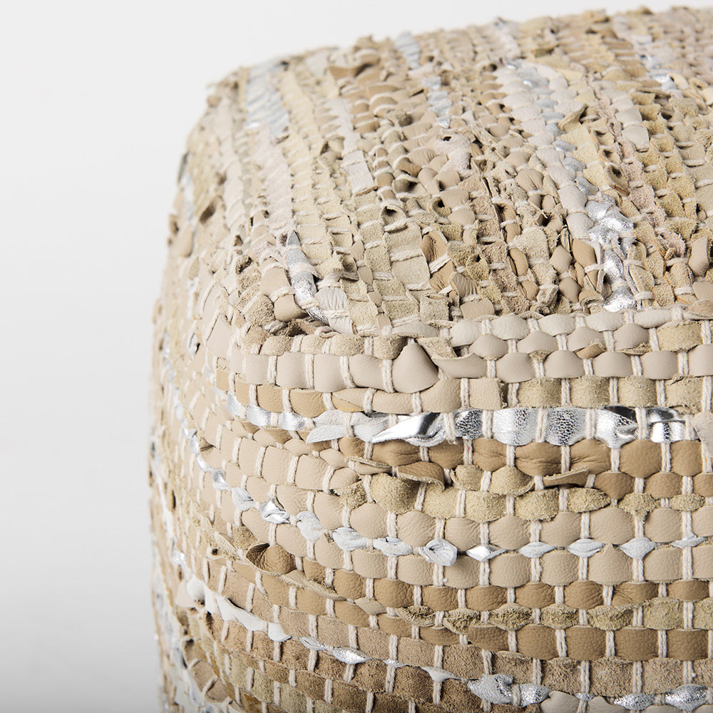 Mercana - Aadhya 16.0L x 16.0W x 16.0H Taupe/Silver Leather and Cotton Pouf - 69501 view 5