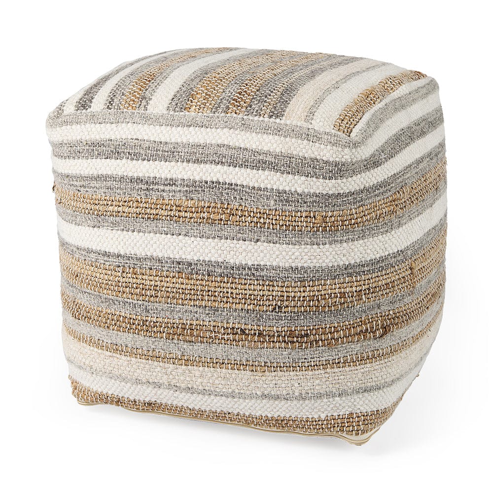 Mercana - Aahana 16.0L x 16.0W x 16.0H White/Taupe/Gray Striped Hemp and Cotton Pouf - 69502 view 1