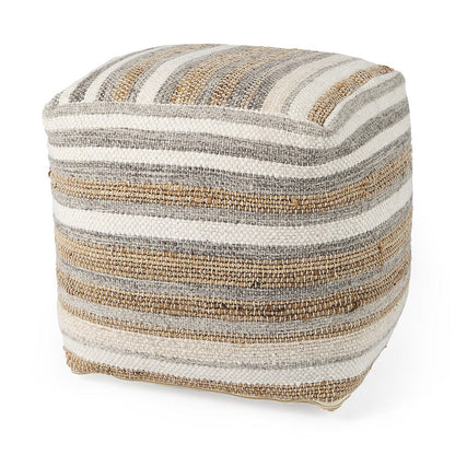 Mercana - Aahana 16.0L x 16.0W x 16.0H White/Taupe/Gray Striped Hemp and Cotton Pouf - 69502 view 1
