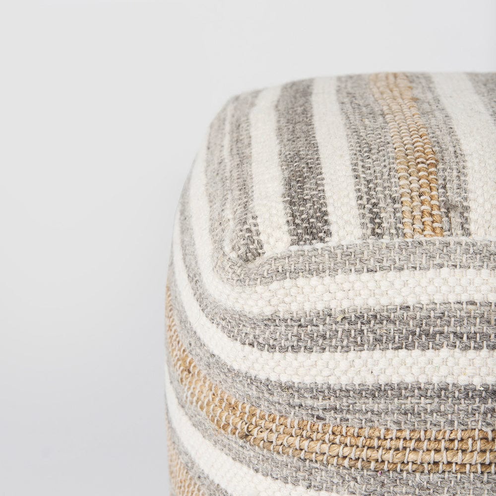 Mercana - Aahana 16.0L x 16.0W x 16.0H White/Taupe/Gray Striped Hemp and Cotton Pouf - 69502 view 3