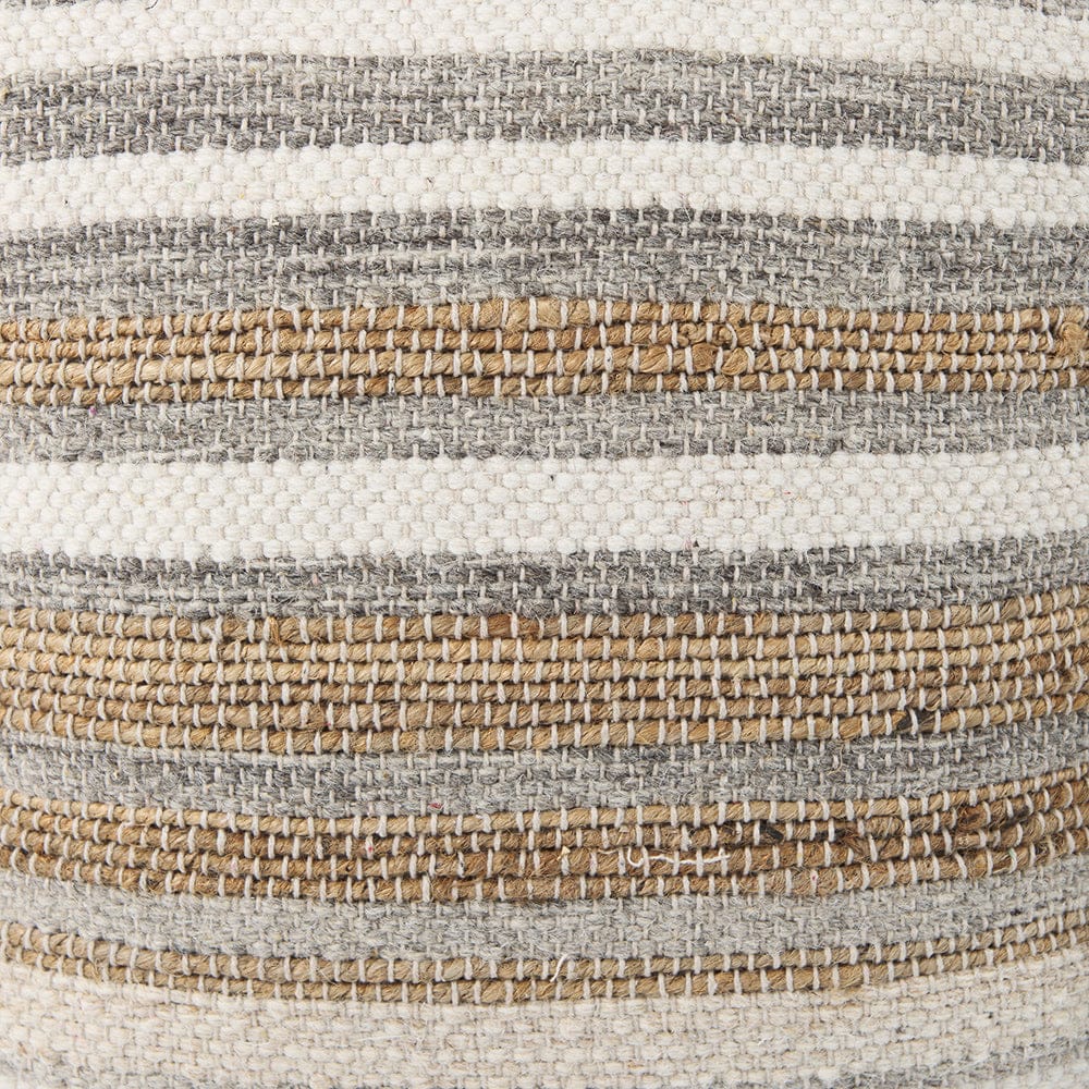 Mercana - Aahana 16.0L x 16.0W x 16.0H White/Taupe/Gray Striped Hemp and Cotton Pouf - 69502 view 5