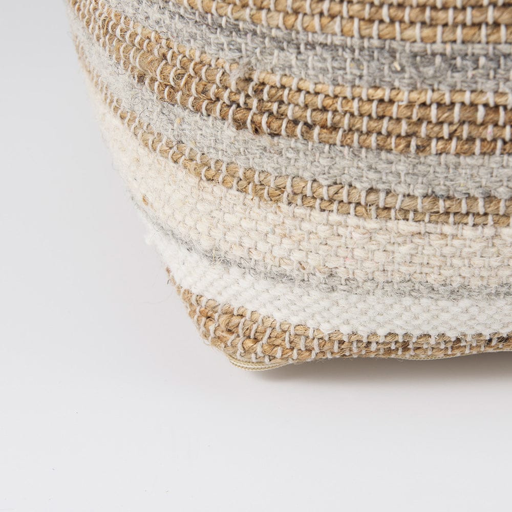 Mercana - Aahana 16.0L x 16.0W x 16.0H White/Taupe/Gray Striped Hemp and Cotton Pouf - 69502 view 6