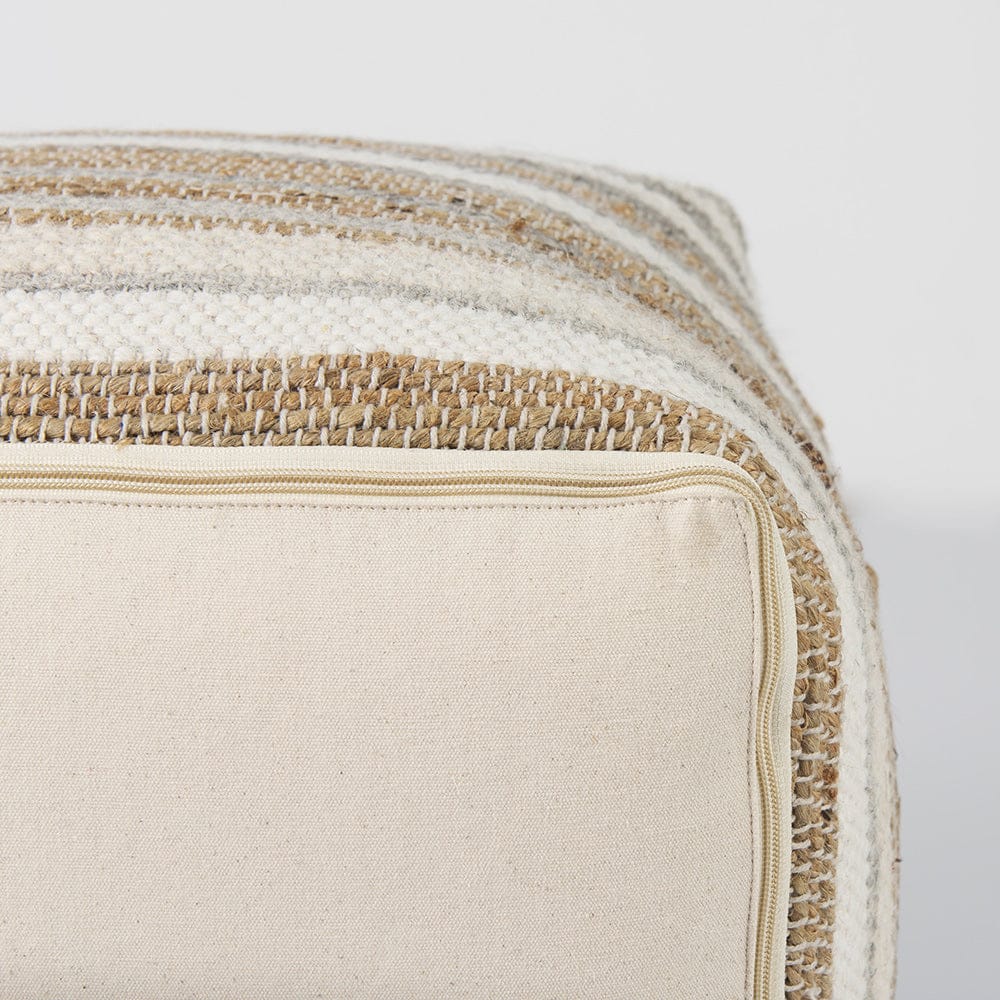Mercana - Aahana 16.0L x 16.0W x 16.0H White/Taupe/Gray Striped Hemp and Cotton Pouf - 69502 view 7
