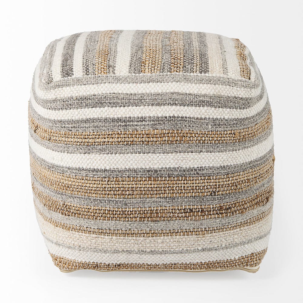 Mercana - Aahana 16.0L x 16.0W x 16.0H White/Taupe/Gray Striped Hemp and Cotton Pouf - 69502 view 8