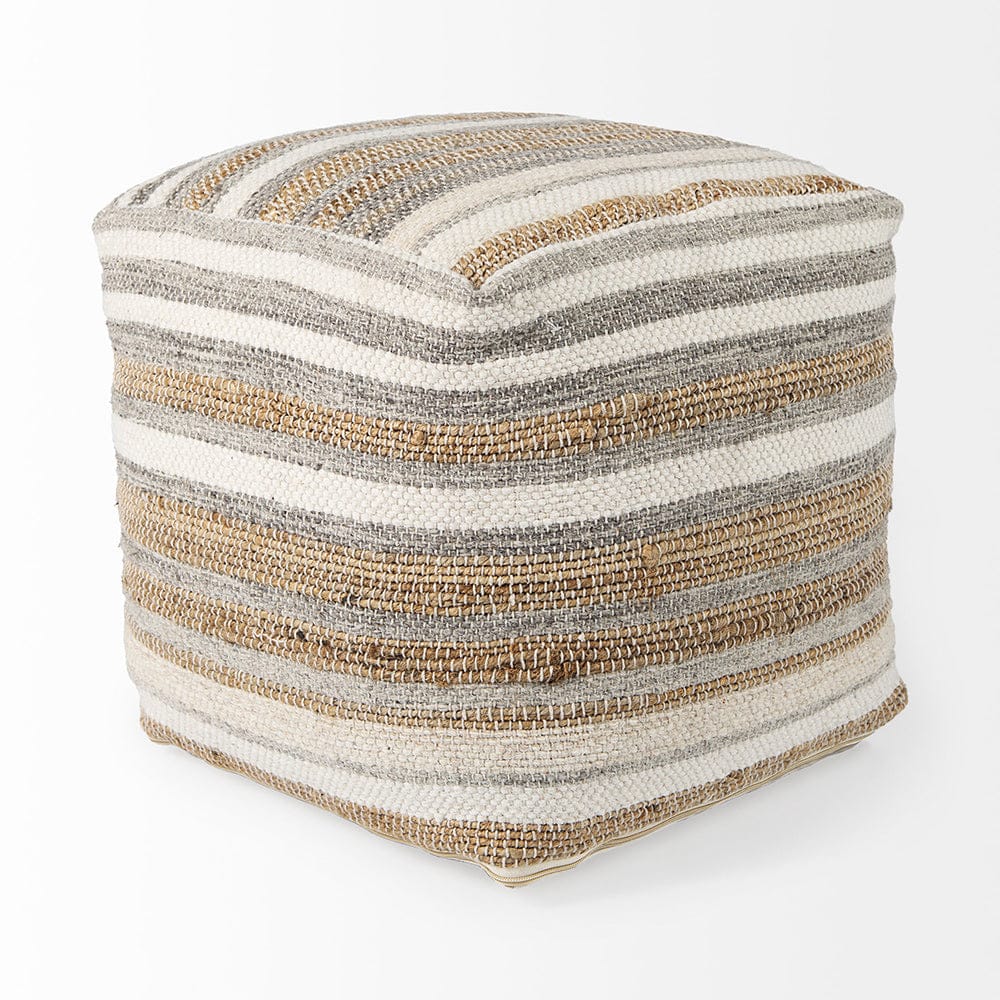 Mercana - Aahana 16.0L x 16.0W x 16.0H White/Taupe/Gray Striped Hemp and Cotton Pouf - 69502 view 9
