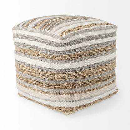 Mercana - Aahana 16.0L x 16.0W x 16.0H White/Taupe/Gray Striped Hemp and Cotton Pouf - 69502 view 9