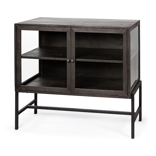 Mercana - Arelius 36L x 18W Black-Brown Wood, Black Metal Base w/ 2 Glass Doors Accent Cabinet - 69010 view 1