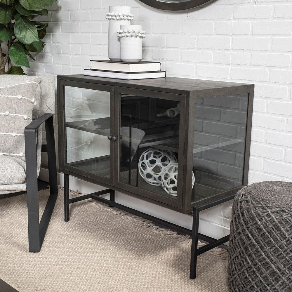 Mercana - Arelius 36L x 18W Black-Brown Wood, Black Metal Base w/ 2 Glass Doors Accent Cabinet - 69010 view 3