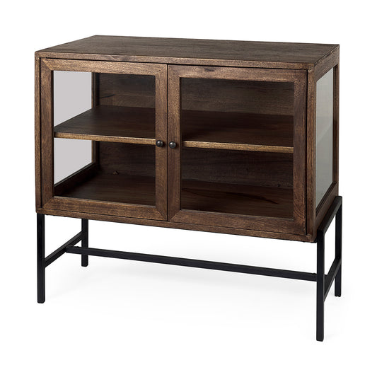 Mercana - Arelius 36L x 18W x 32H Medium Brown Wood, Black Metal Base w/ 2 Glass Doors Accent Cabinet - 69290 view 1