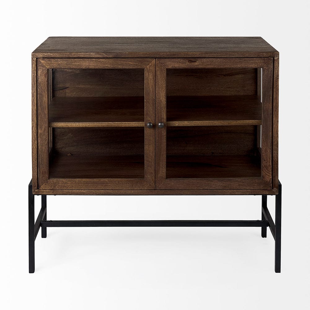 Mercana - Arelius 36L x 18W x 32H Medium Brown Wood, Black Metal Base w/ 2 Glass Doors Accent Cabinet - 69290 view 2