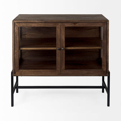 Mercana - Arelius 36L x 18W x 32H Medium Brown Wood, Black Metal Base w/ 2 Glass Doors Accent Cabinet - 69290 view 2
