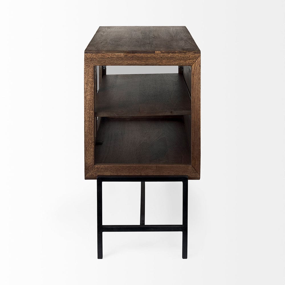 Mercana - Arelius 36L x 18W x 32H Medium Brown Wood, Black Metal Base w/ 2 Glass Doors Accent Cabinet - 69290 view 3