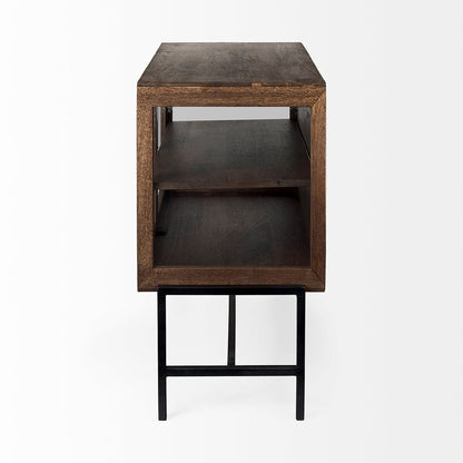 Mercana - Arelius 36L x 18W x 32H Medium Brown Wood, Black Metal Base w/ 2 Glass Doors Accent Cabinet - 69290 view 3