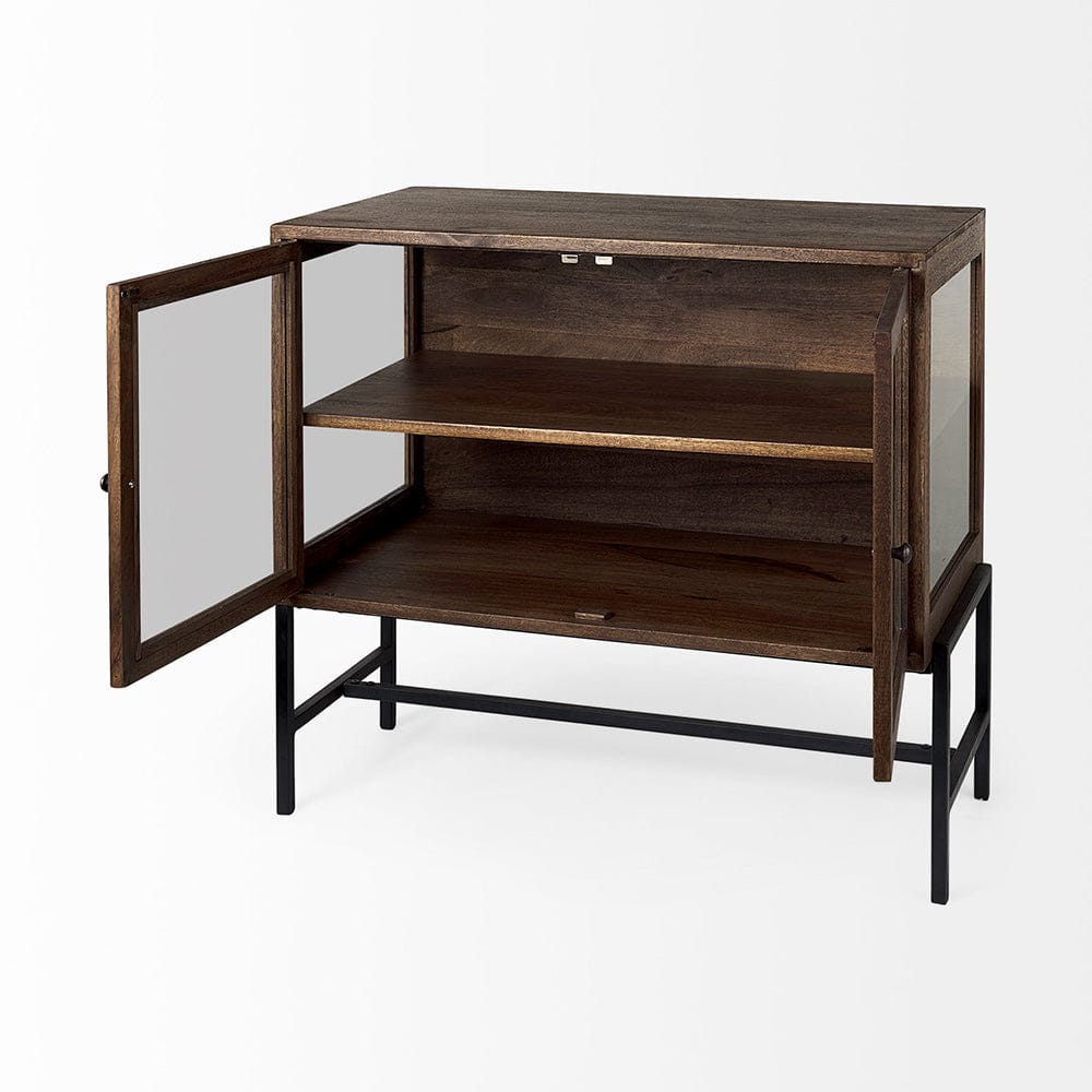 Mercana - Arelius 36L x 18W x 32H Medium Brown Wood, Black Metal Base w/ 2 Glass Doors Accent Cabinet - 69290 view 4