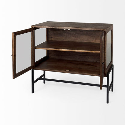 Mercana - Arelius 36L x 18W x 32H Medium Brown Wood, Black Metal Base w/ 2 Glass Doors Accent Cabinet - 69290 view 4