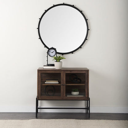 Mercana - Arelius 36L x 18W x 32H Medium Brown Wood, Black Metal Base w/ 2 Glass Doors Accent Cabinet - 69290 view 11