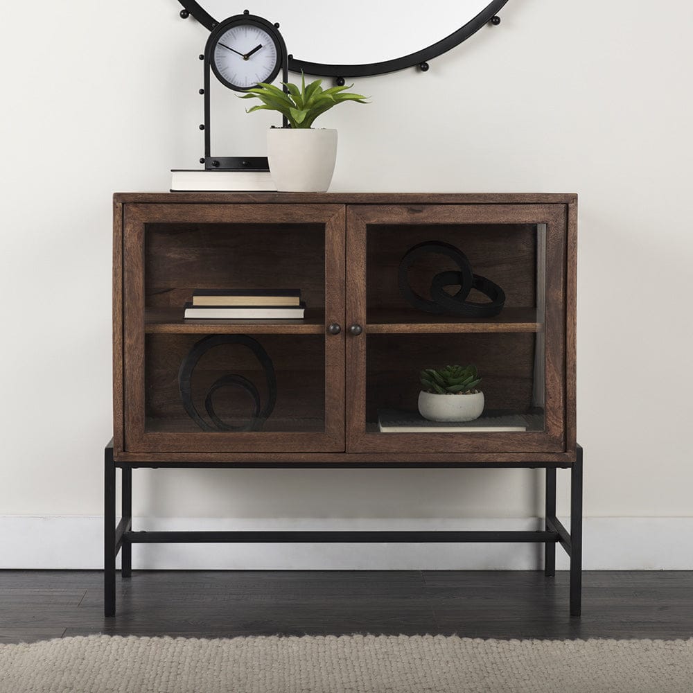 Mercana - Arelius 36L x 18W x 32H Medium Brown Wood, Black Metal Base w/ 2 Glass Doors Accent Cabinet - 69290 view 12