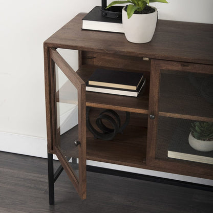 Mercana - Arelius 36L x 18W x 32H Medium Brown Wood, Black Metal Base w/ 2 Glass Doors Accent Cabinet - 69290 view 13