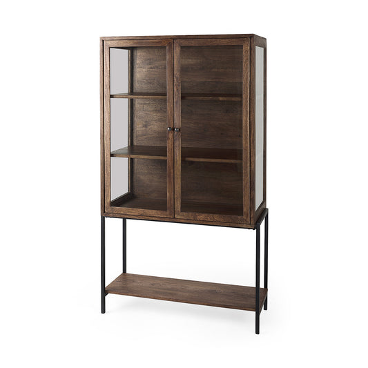 Mercana - Arelius 36L x 18W x 63H Medium Brown Wood W/ Black Metal Base Display Cabinet - 69299 view 1