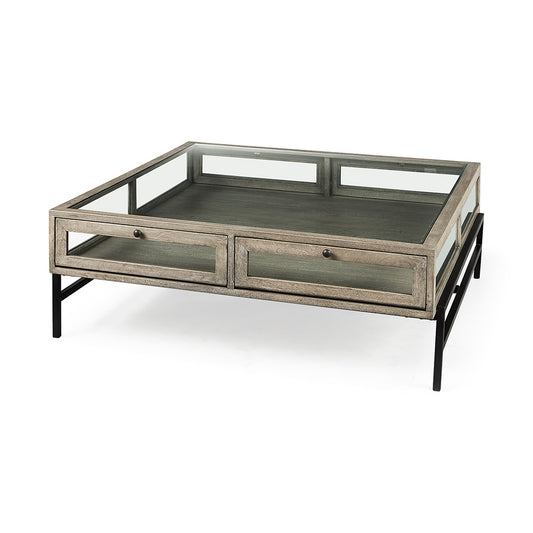 Mercana - Arelius 42" Square Glass-Top Gray Wood w/ Black Metal Base Display Coffee Table - 69297_CLOSEOUT view 1
