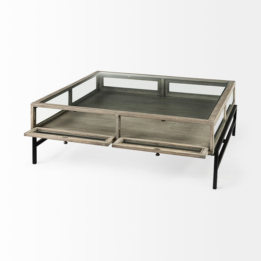Mercana - Arelius 42" Square Glass-Top Gray Wood w/ Black Metal Base Display Coffee Table - 69297_CLOSEOUT view 2