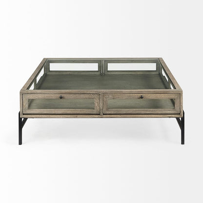 Mercana - Arelius 42" Square Glass-Top Gray Wood w/ Black Metal Base Display Coffee Table - 69297_CLOSEOUT view 3