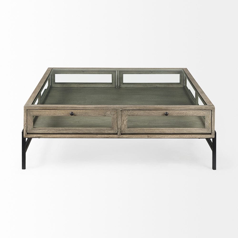 Mercana - Arelius 42" Square Glass-Top Gray Wood w/ Black Metal Base Display Coffee Table - 69297_CLOSEOUT view 4