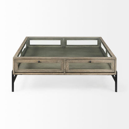 Mercana - Arelius 42" Square Glass-Top Gray Wood w/ Black Metal Base Display Coffee Table - 69297_CLOSEOUT view 4