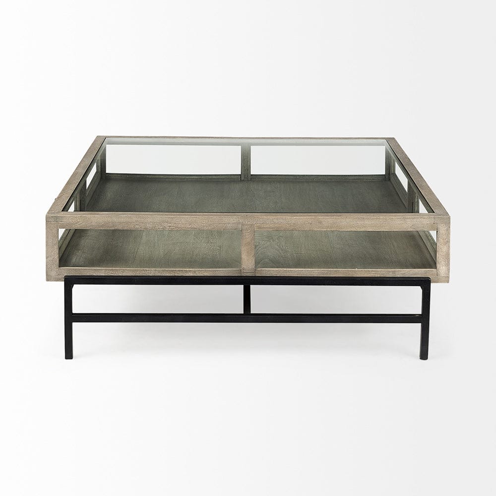 Mercana - Arelius 42" Square Glass-Top Gray Wood w/ Black Metal Base Display Coffee Table - 69297_CLOSEOUT view 5