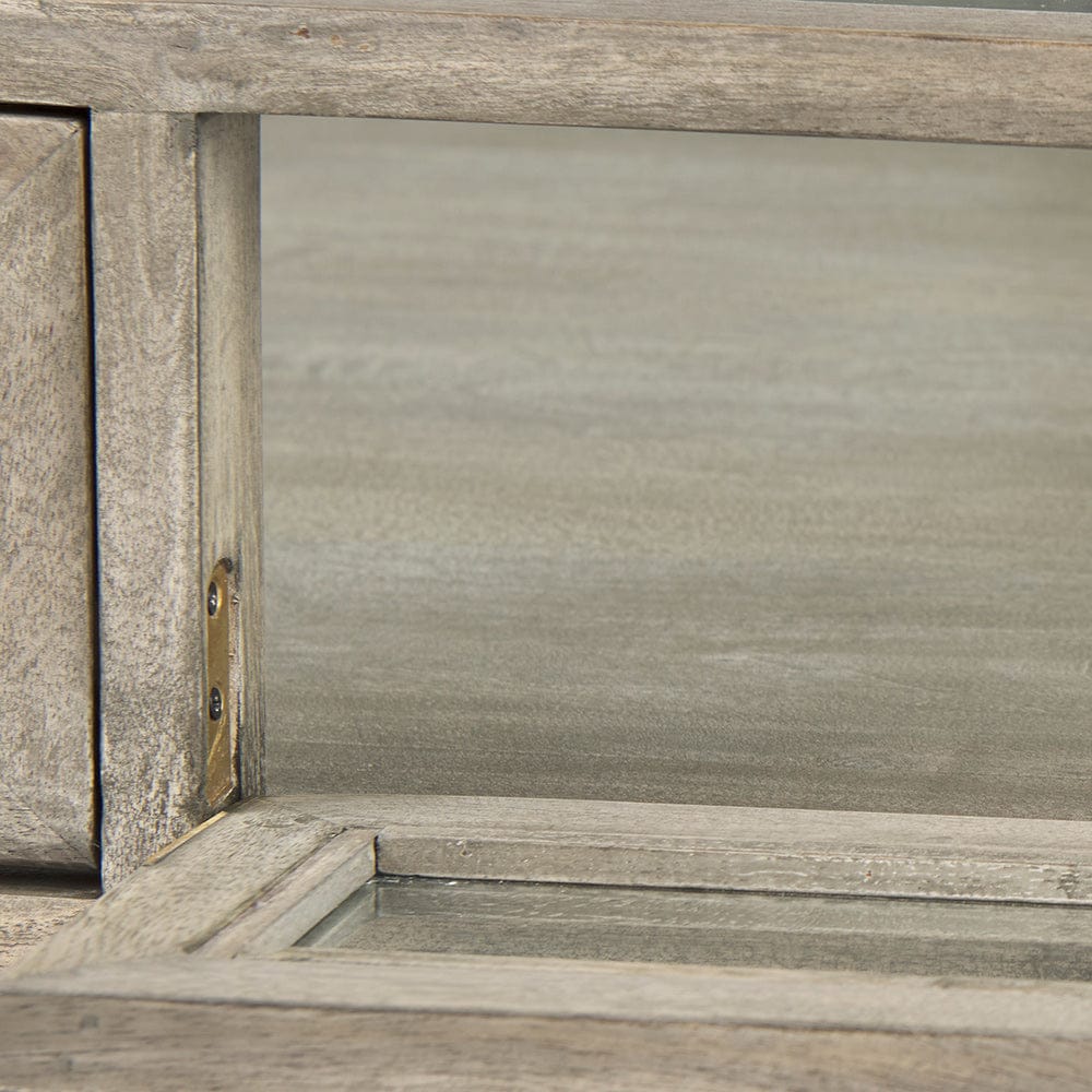 Mercana - Arelius 42" Square Glass-Top Gray Wood w/ Black Metal Base Display Coffee Table - 69297_CLOSEOUT view 8
