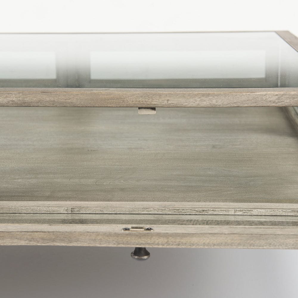 Mercana - Arelius 42" Square Glass-Top Gray Wood w/ Black Metal Base Display Coffee Table - 69297_CLOSEOUT view 9