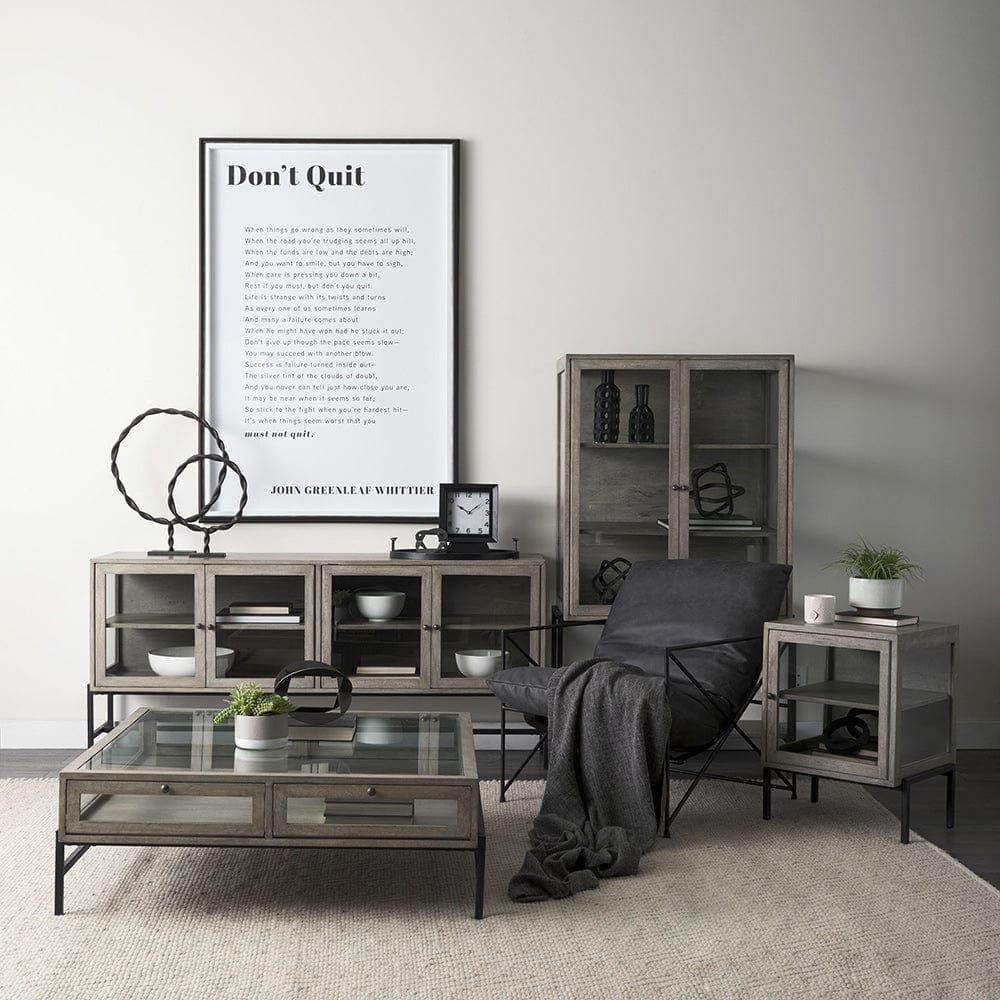 Mercana - Arelius 42" Square Glass-Top Gray Wood w/ Black Metal Base Display Coffee Table - 69297_CLOSEOUT view 12