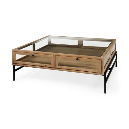 Mercana - Arelius 42" Square Glass-Top Light Brown w/ Black Metal Base Display Coffee Table - 69228 view 1