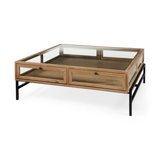 Mercana - Arelius 42" Square Glass-Top Light Brown w/ Black Metal Base Display Coffee Table - 69228 view 1