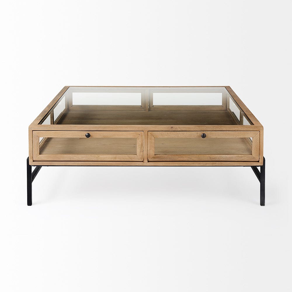 Mercana - Arelius 42" Square Glass-Top Light Brown w/ Black Metal Base Display Coffee Table - 69228 view 2