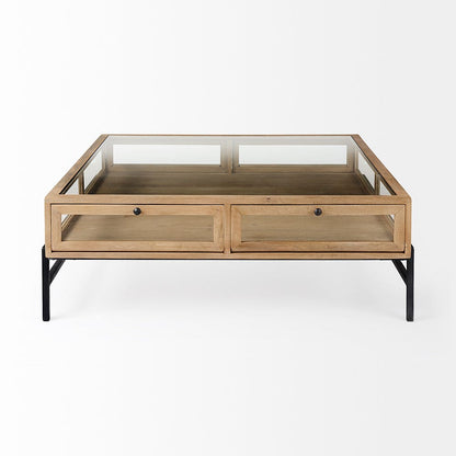 Mercana - Arelius 42" Square Glass-Top Light Brown w/ Black Metal Base Display Coffee Table - 69228 view 2