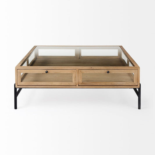 Mercana - Arelius 42" Square Glass-Top Light Brown w/ Black Metal Base Display Coffee Table - 69228 view 2
