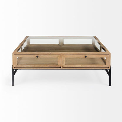 Mercana - Arelius 42" Square Glass-Top Light Brown w/ Black Metal Base Display Coffee Table - 69228 view 14